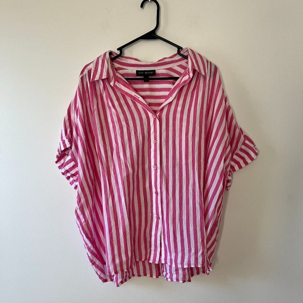 Lane Bryant Pink and White Striped Button-Front Top